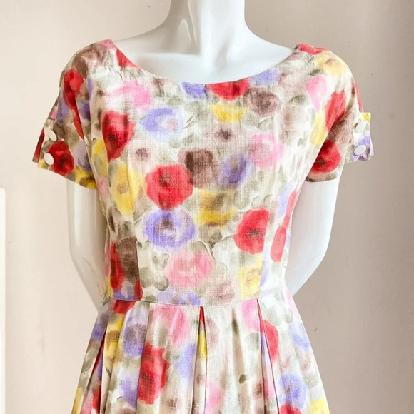 Vintage 50s 60s Floral Watercolour Print Fit and Flare Dress S/M - Picture 6 of 12